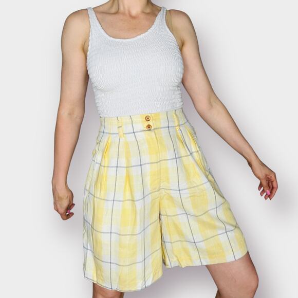 90s The Limited Yellow Navy Window Pane Plaid Shorts - Picture 4 of 7